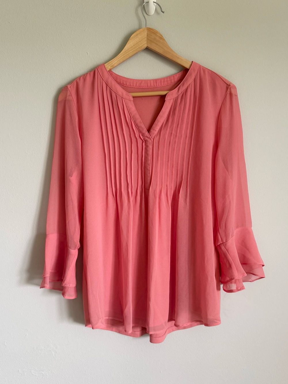 White House Black Market Coral Pintuck Blouse with Ruffle Sleeves